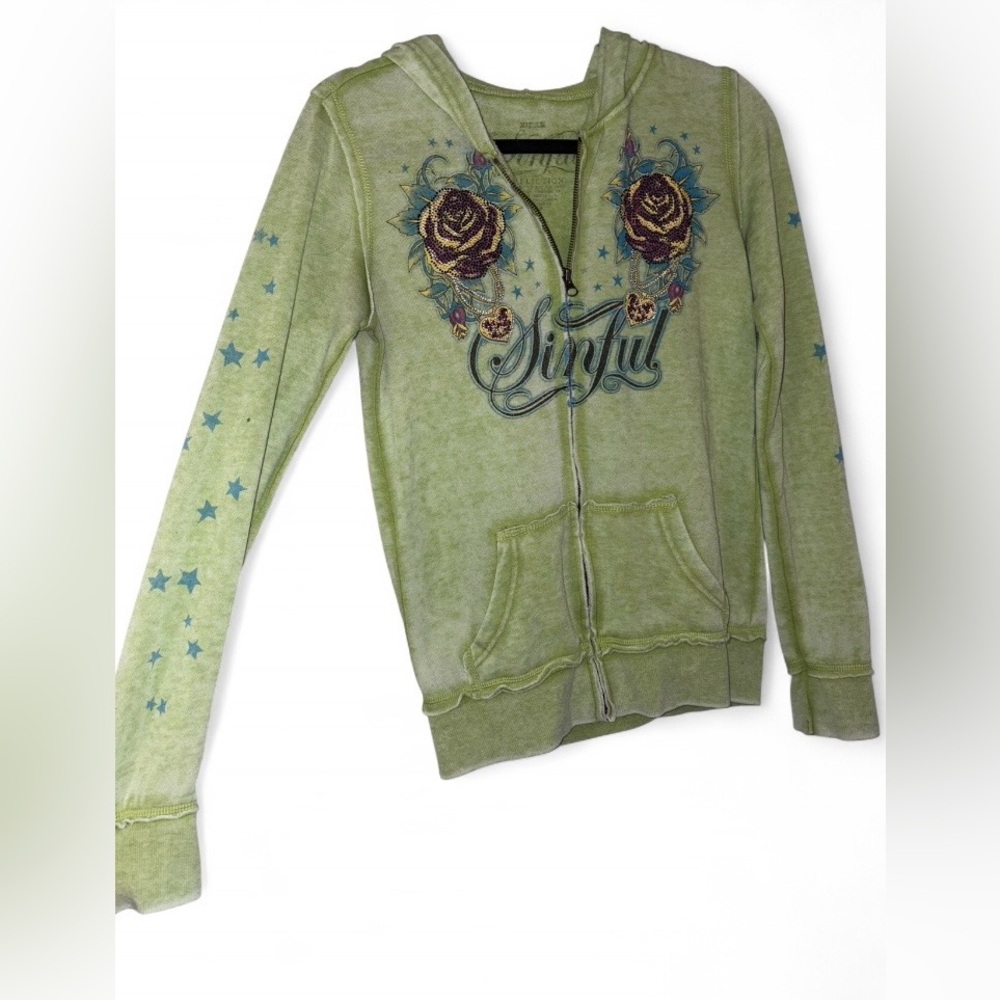 Affliction Sinful Y2K Lime Green Rhinestone Graphic Zip-Up Hoodie - Size Medium - Picture 2 of 7